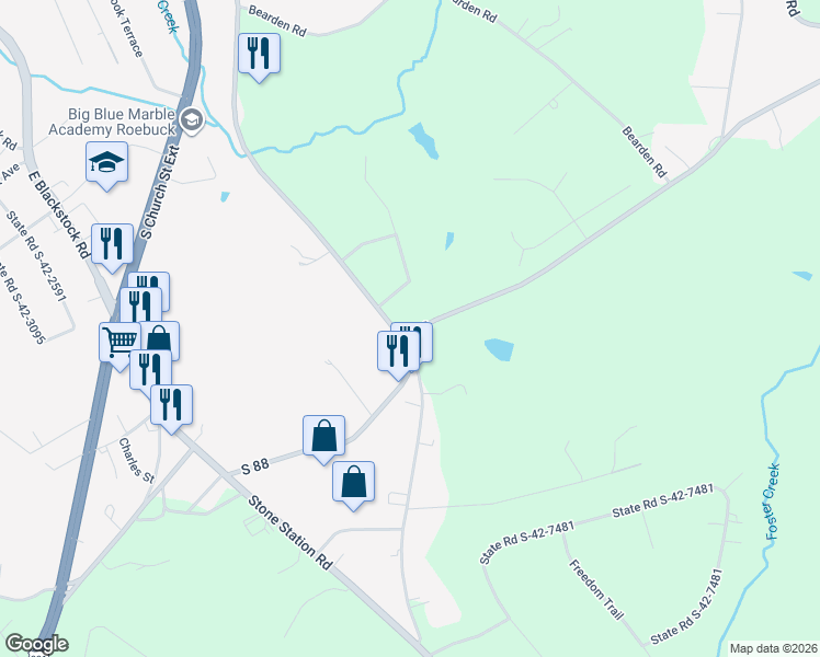 map of restaurants, bars, coffee shops, grocery stores, and more near 799 McAbee Road in Roebuck