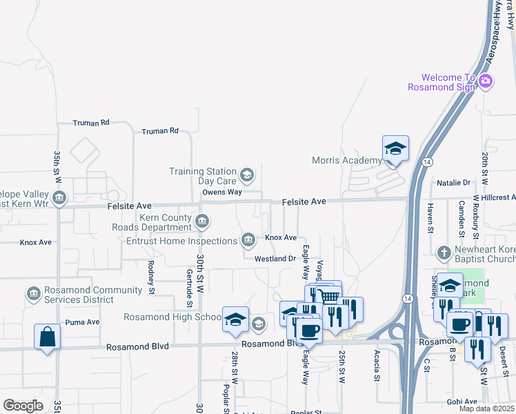 map of restaurants, bars, coffee shops, grocery stores, and more near 2800 Felsite Avenue in Rosamond
