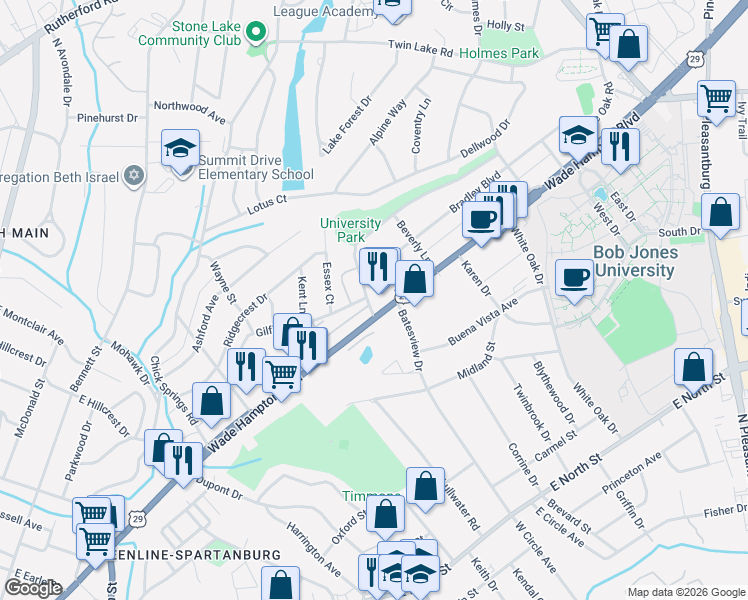 map of restaurants, bars, coffee shops, grocery stores, and more near 6 Brookside Circle in Greenville