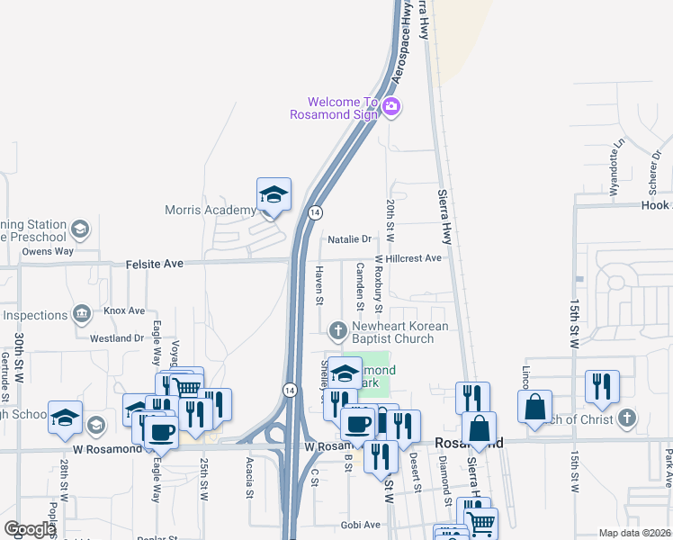 map of restaurants, bars, coffee shops, grocery stores, and more near 3424 Haven Street in Rosamond