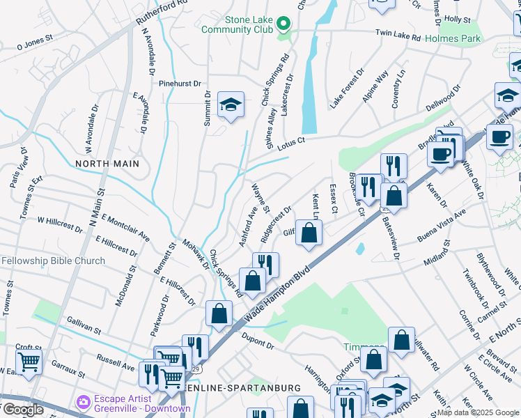 map of restaurants, bars, coffee shops, grocery stores, and more near 126 Ashford Avenue in Greenville