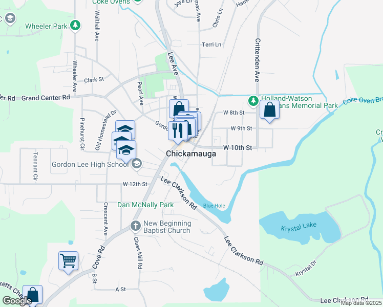 map of restaurants, bars, coffee shops, grocery stores, and more near in Chickamauga