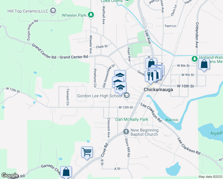 map of restaurants, bars, coffee shops, grocery stores, and more near 300 Crescent Avenue in Chickamauga