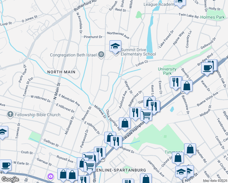 map of restaurants, bars, coffee shops, grocery stores, and more near 109 Ashford Avenue in Greenville