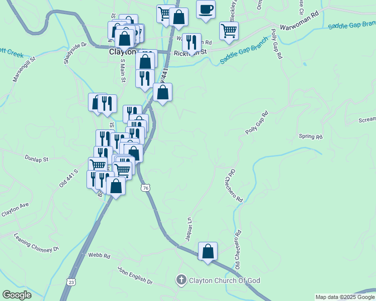 map of restaurants, bars, coffee shops, grocery stores, and more near 108 Bulldog Lane in Clayton