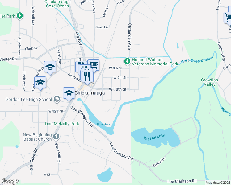 map of restaurants, bars, coffee shops, grocery stores, and more near 103 West 11th Street in Chickamauga