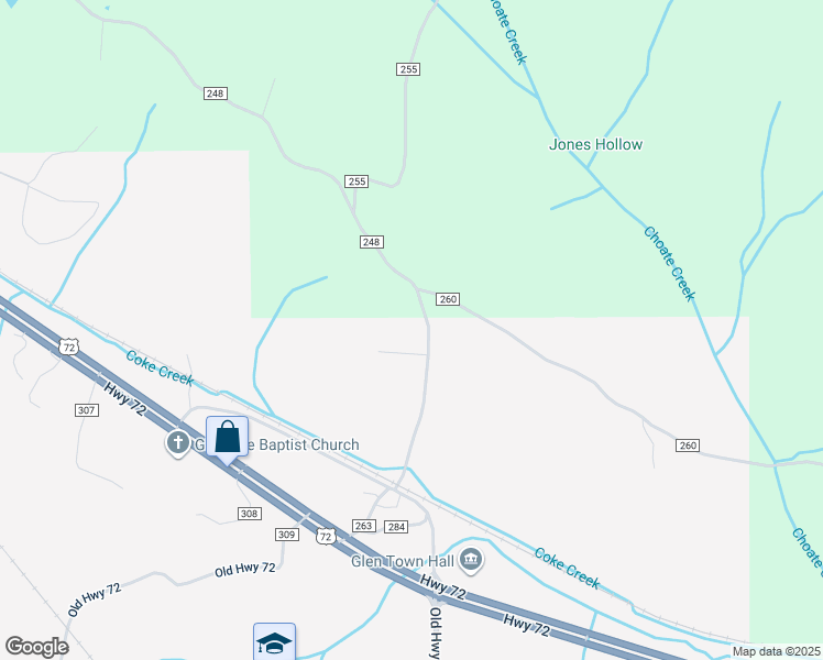 map of restaurants, bars, coffee shops, grocery stores, and more near 206 County Road 248 in Glen