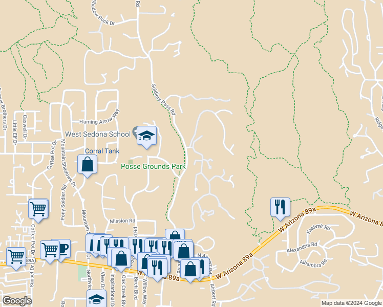 map of restaurants, bars, coffee shops, grocery stores, and more near 55 Calle Linda Court in Sedona