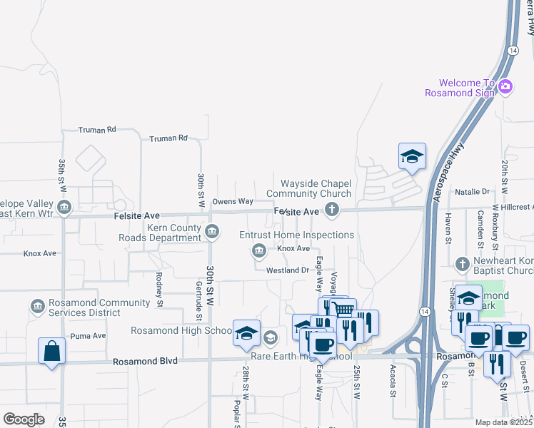 map of restaurants, bars, coffee shops, grocery stores, and more near 2800 Felsite Avenue in Rosamond