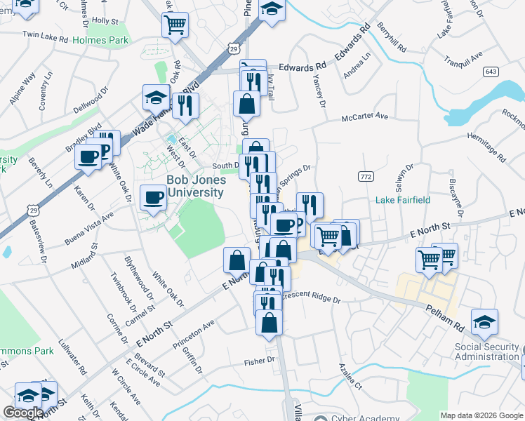 map of restaurants, bars, coffee shops, grocery stores, and more near 6 Springdale Drive in Greenville