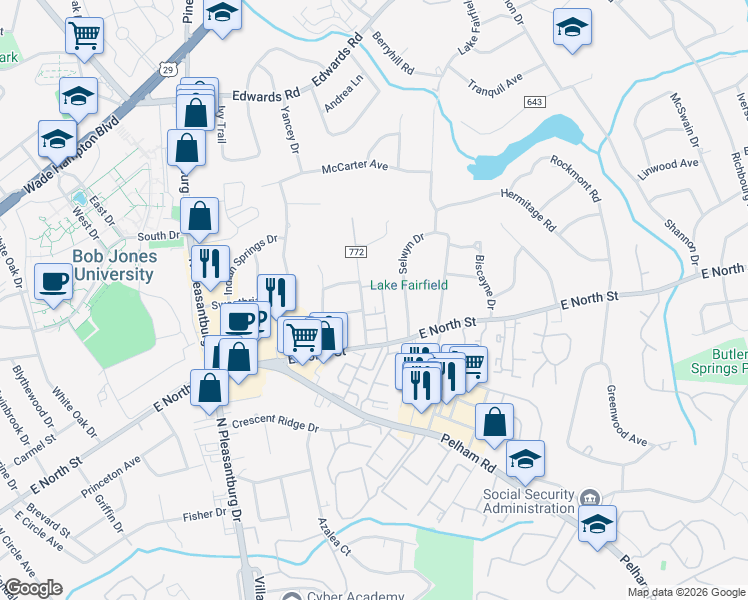 map of restaurants, bars, coffee shops, grocery stores, and more near 5 Dubard Street in Greenville
