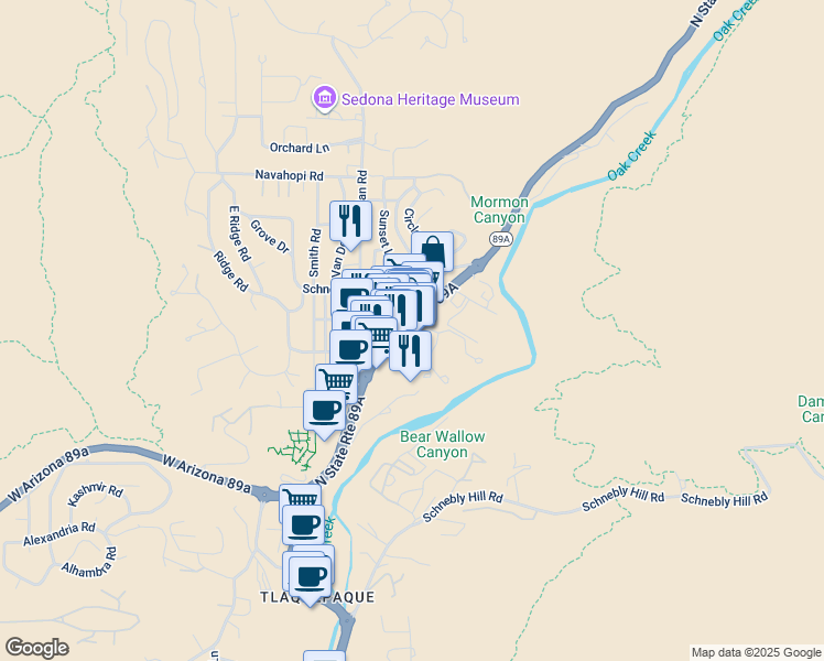 map of restaurants, bars, coffee shops, grocery stores, and more near 333 Arizona 89A in Sedona