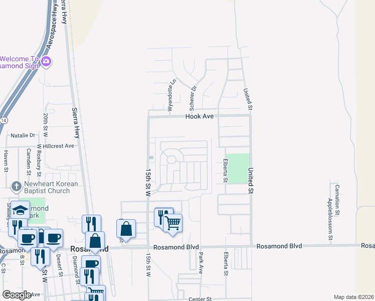 map of restaurants, bars, coffee shops, grocery stores, and more near 3300 15th Street West in Rosamond