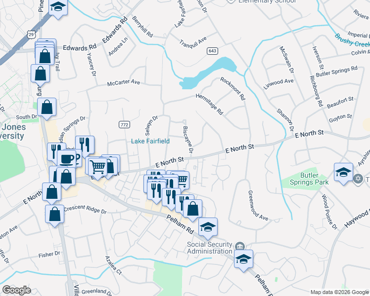 map of restaurants, bars, coffee shops, grocery stores, and more near 201 Biscayne Drive in Greenville