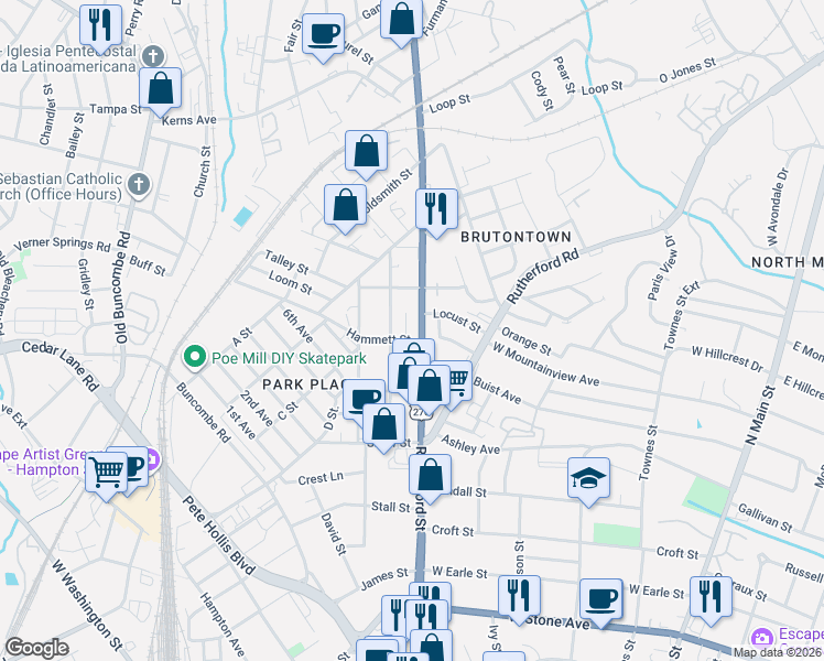 map of restaurants, bars, coffee shops, grocery stores, and more near 314 Orders Street in Greenville