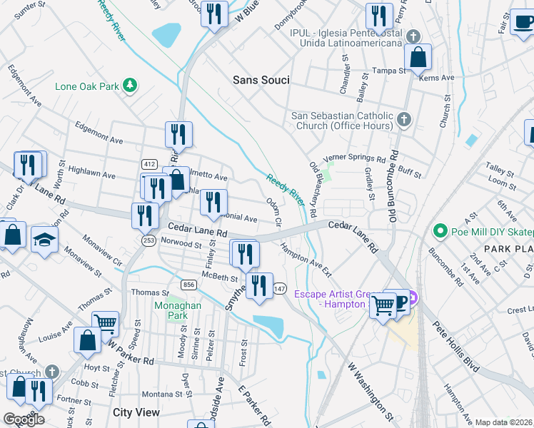 map of restaurants, bars, coffee shops, grocery stores, and more near 102 Odom Circle in Greenville