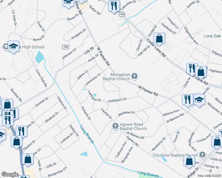 map of restaurants, bars, coffee shops, grocery stores, and more near 115 Wildrose Lane in Greenville