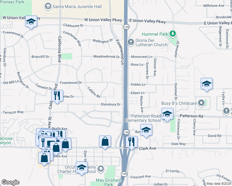 map of restaurants, bars, coffee shops, grocery stores, and more near 140 Foxenwood Drive in Santa Maria