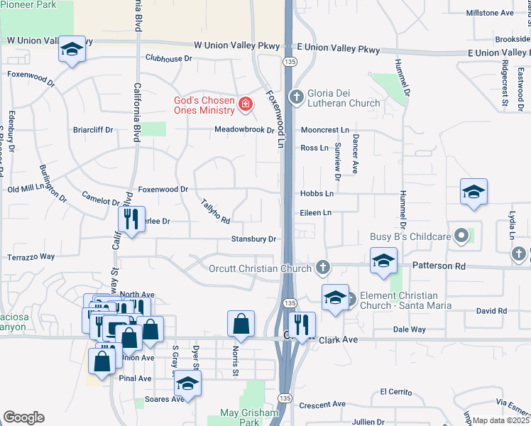 map of restaurants, bars, coffee shops, grocery stores, and more near 166 Tallyho Road in Santa Maria
