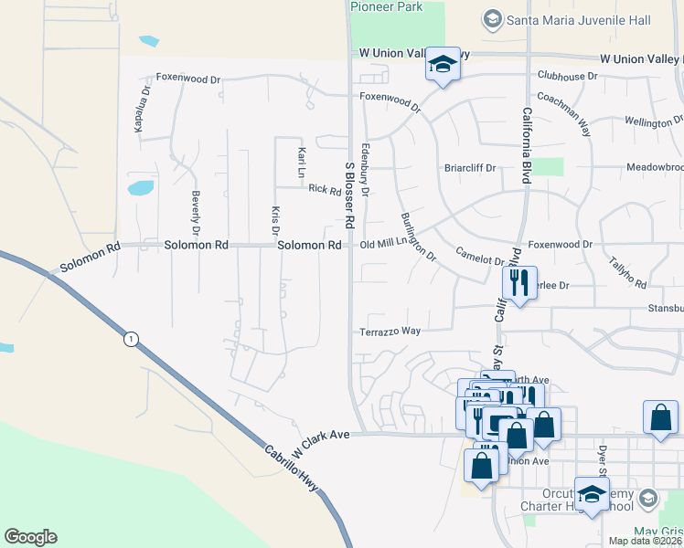 map of restaurants, bars, coffee shops, grocery stores, and more near 4613 South Blosser Road in Santa Maria