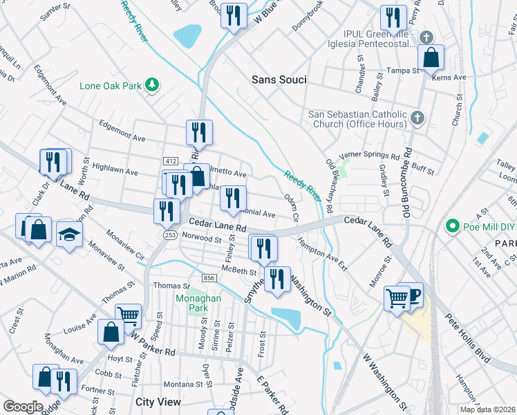 map of restaurants, bars, coffee shops, grocery stores, and more near 14 Highlawn Avenue in Greenville