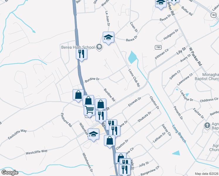 map of restaurants, bars, coffee shops, grocery stores, and more near 40 Burdine Road in Greenville