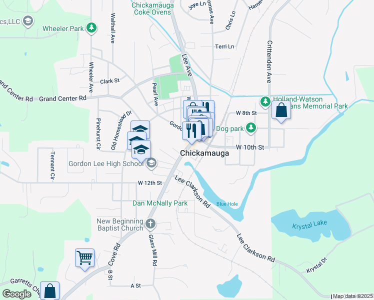 map of restaurants, bars, coffee shops, grocery stores, and more near 105 Cove Road in Chickamauga