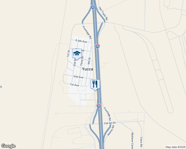 map of restaurants, bars, coffee shops, grocery stores, and more near 12285 Frontage Road in Yucca