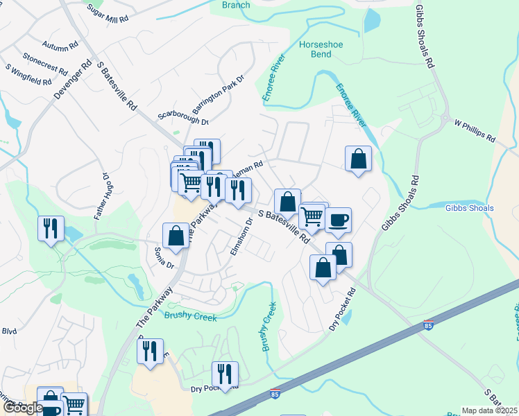 map of restaurants, bars, coffee shops, grocery stores, and more near 417 Cliffview Court in Greer