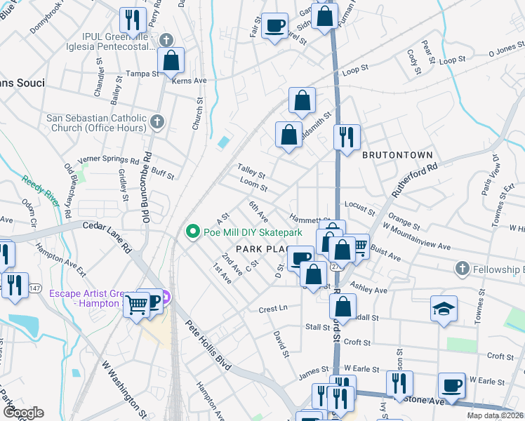 map of restaurants, bars, coffee shops, grocery stores, and more near 102 Hammett Street Extension in Greenville