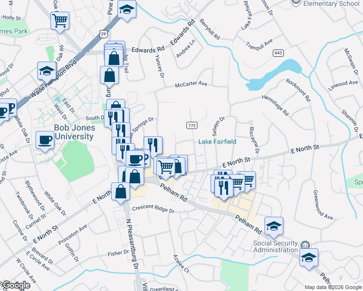 map of restaurants, bars, coffee shops, grocery stores, and more near 3 Dubard Street in Greenville