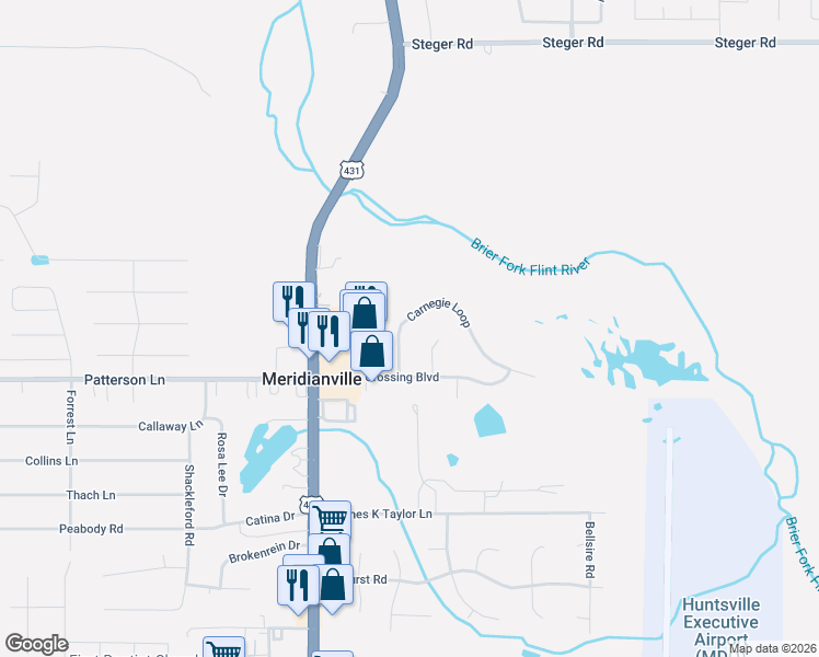 map of restaurants, bars, coffee shops, grocery stores, and more near 114 Carnegie Loop in Meridianville
