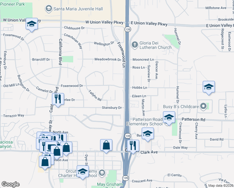 map of restaurants, bars, coffee shops, grocery stores, and more near 140 Foxenwood Drive in Santa Maria