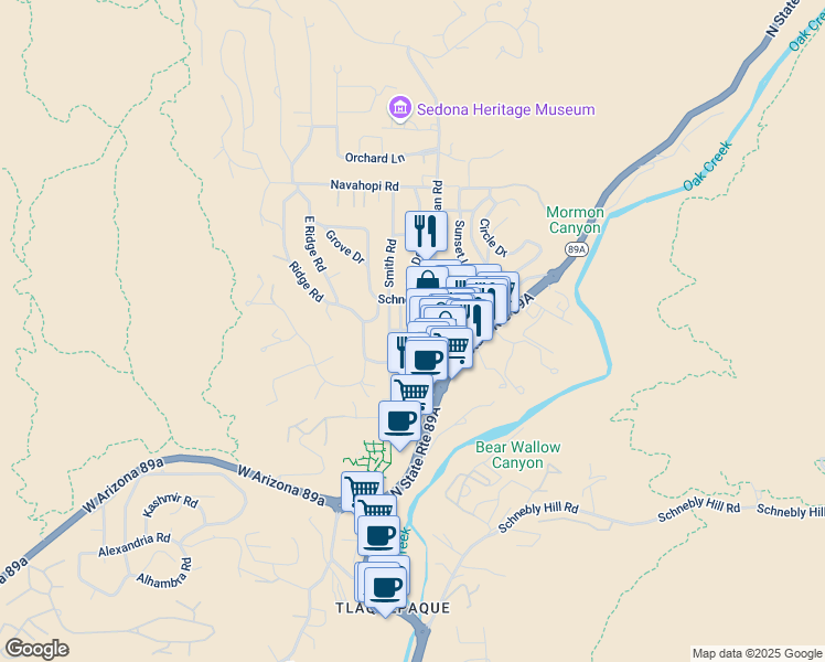 map of restaurants, bars, coffee shops, grocery stores, and more near 370 Van Deren Street in Sedona