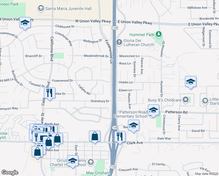 map of restaurants, bars, coffee shops, grocery stores, and more near 140 Foxenwood Drive in Santa Maria