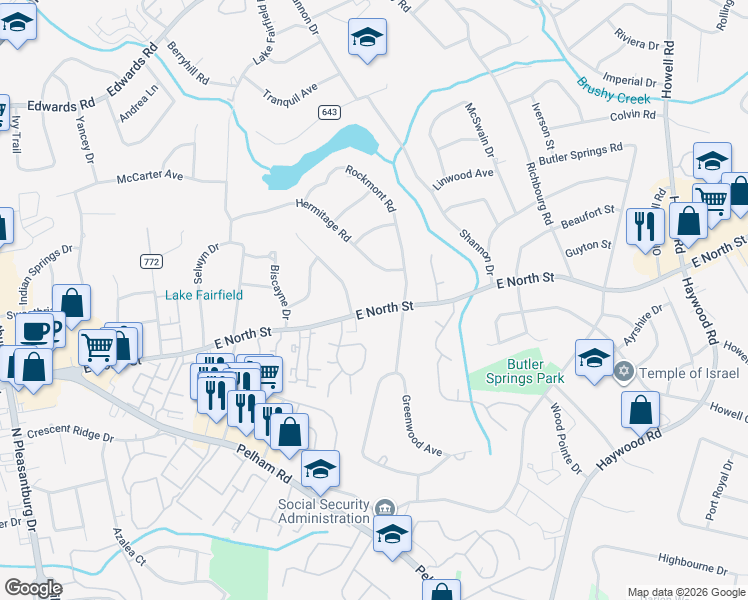 map of restaurants, bars, coffee shops, grocery stores, and more near 3007 East North Street in Greenville