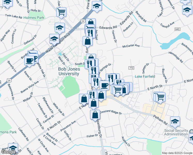 map of restaurants, bars, coffee shops, grocery stores, and more near 8 Indian Springs Drive in Greenville
