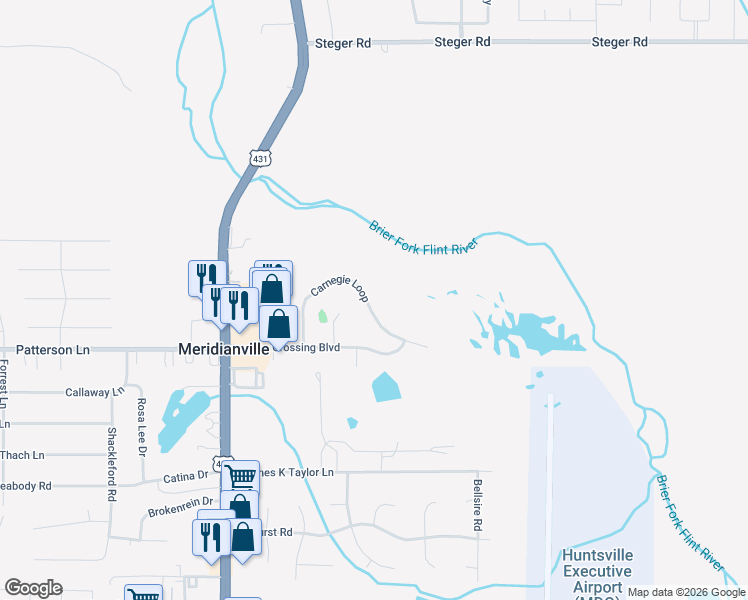 map of restaurants, bars, coffee shops, grocery stores, and more near 136 Carnegie Loop in Meridianville