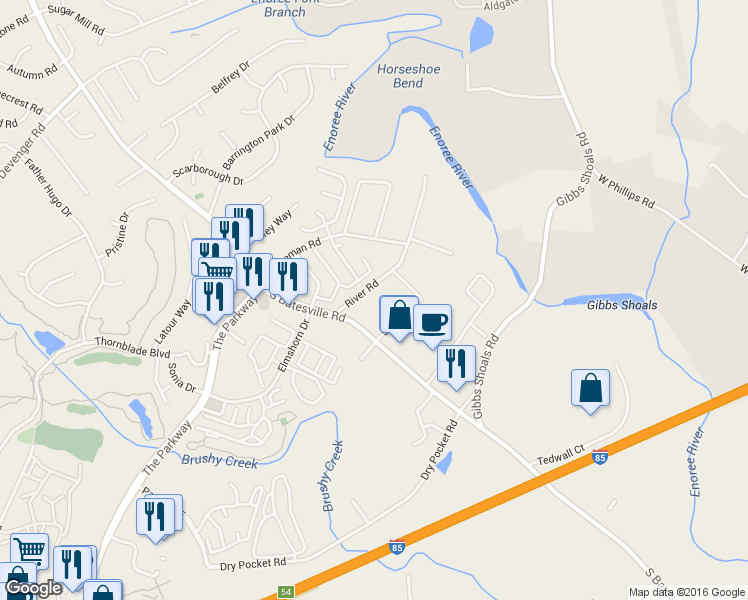 map of restaurants, bars, coffee shops, grocery stores, and more near 2010 River Road in Greer