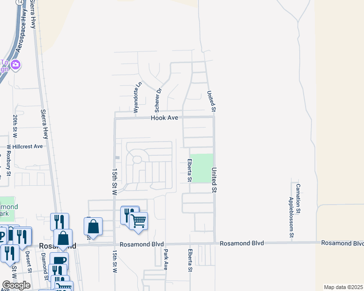 map of restaurants, bars, coffee shops, grocery stores, and more near 1149 Heatherfield Avenue in Rosamond
