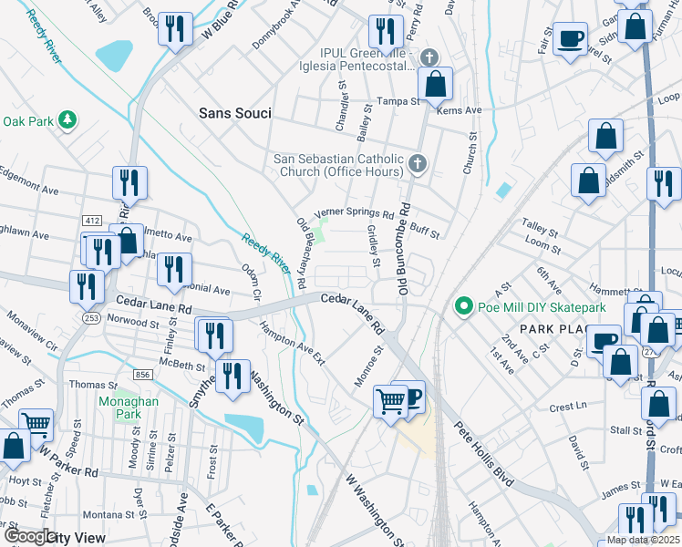 map of restaurants, bars, coffee shops, grocery stores, and more near 3311 Parker Cone Way in Greenville