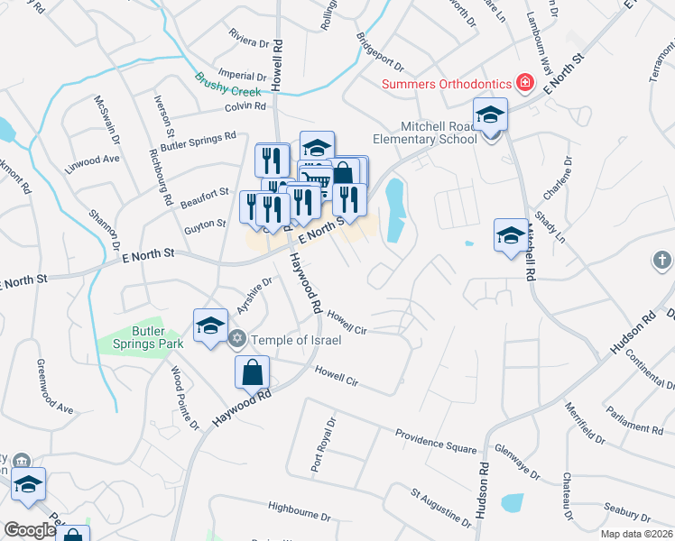 map of restaurants, bars, coffee shops, grocery stores, and more near 3706 East North Street in Greenville