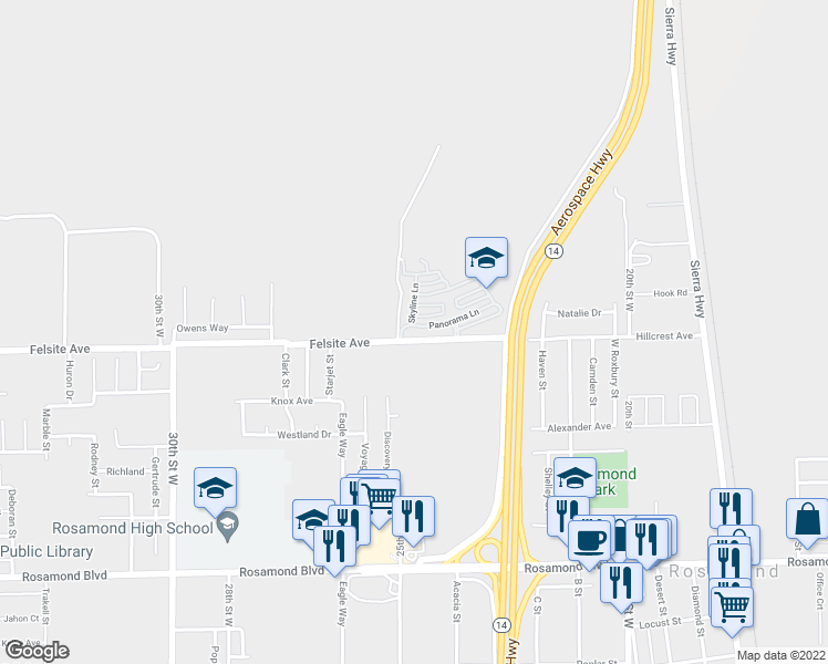map of restaurants, bars, coffee shops, grocery stores, and more near 2448 Panorama Lane in Rosamond