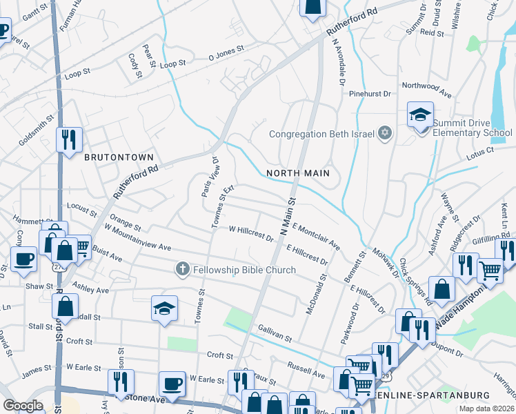 map of restaurants, bars, coffee shops, grocery stores, and more near 100 West Montclair Avenue in Greenville