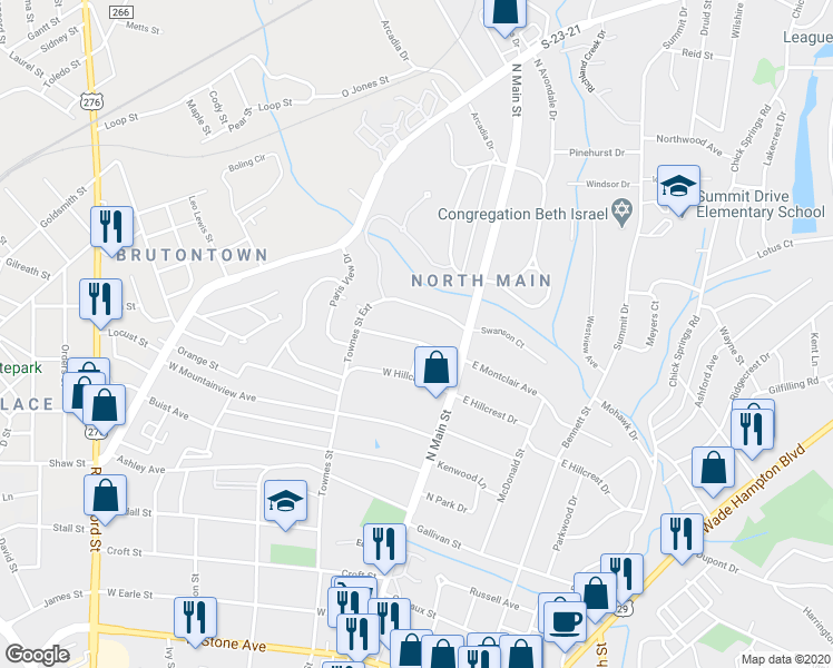 map of restaurants, bars, coffee shops, grocery stores, and more near 100 West Montclair Avenue in Greenville