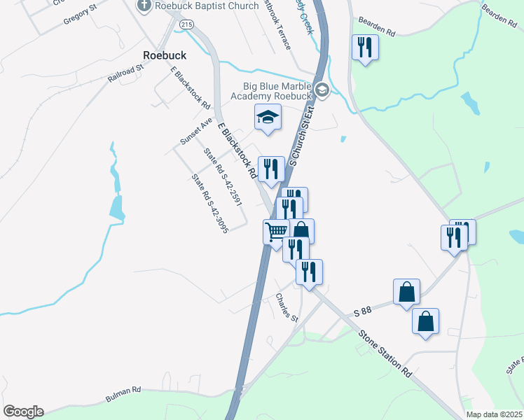 map of restaurants, bars, coffee shops, grocery stores, and more near 2478 East Blackstock Road in Roebuck