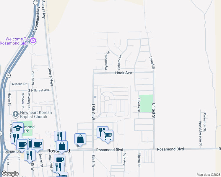 map of restaurants, bars, coffee shops, grocery stores, and more near 3300 15th Street West in Rosamond