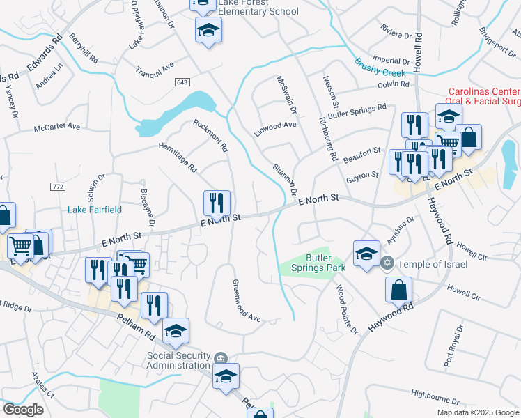 map of restaurants, bars, coffee shops, grocery stores, and more near 3 12 Oaks Terrace in Greenville