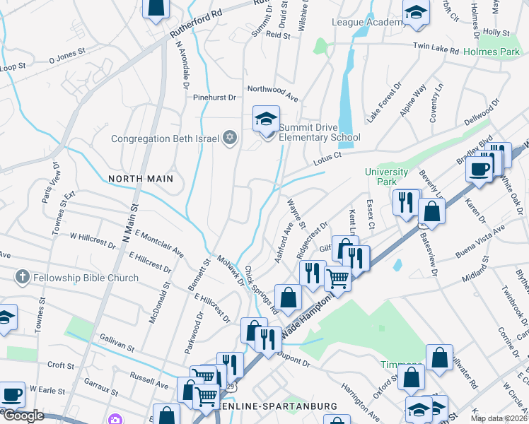 map of restaurants, bars, coffee shops, grocery stores, and more near 323 Chick Springs Road in Greenville