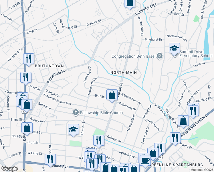 map of restaurants, bars, coffee shops, grocery stores, and more near 100 West Montclair Avenue in Greenville